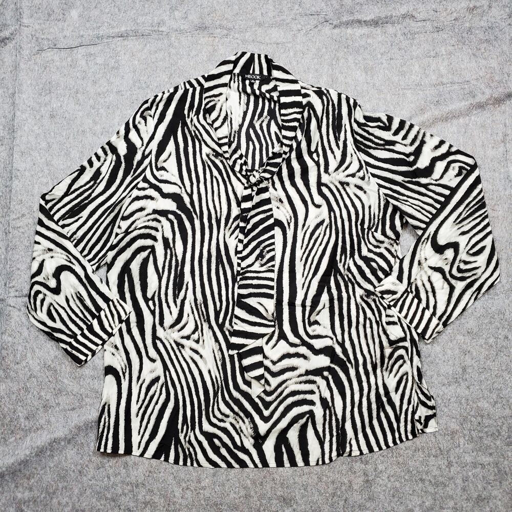 Misook Top Womens Extra Large Long Sleeve Scarf Tie Neck Satin Chiffon Zebra Art